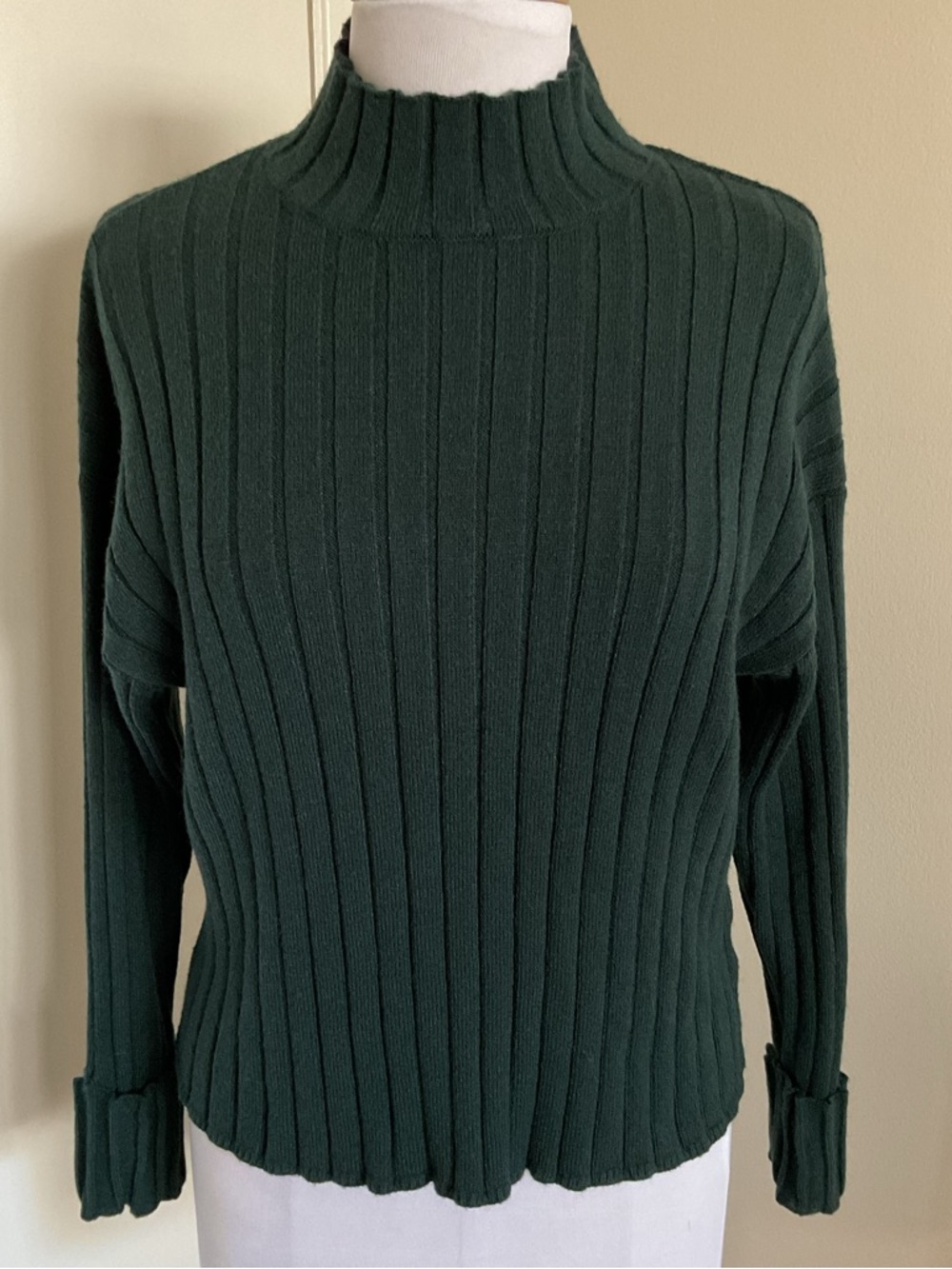 Poof Apparel Forest Green Ribbed Cowl Neck Sweater Large Soft Stretch Knit - Picture 2 of 5